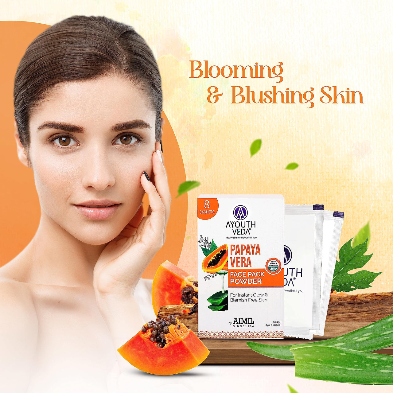Ayouthveda Papaya and Aloe Vera Face Pack Powder for Glowing & Rejuvenating Skin | Removes Blemish & Wrinkle & Promotes Skin Health | Suitable for all skin Type (10g X 8 Sachets) (Pack of 1)
