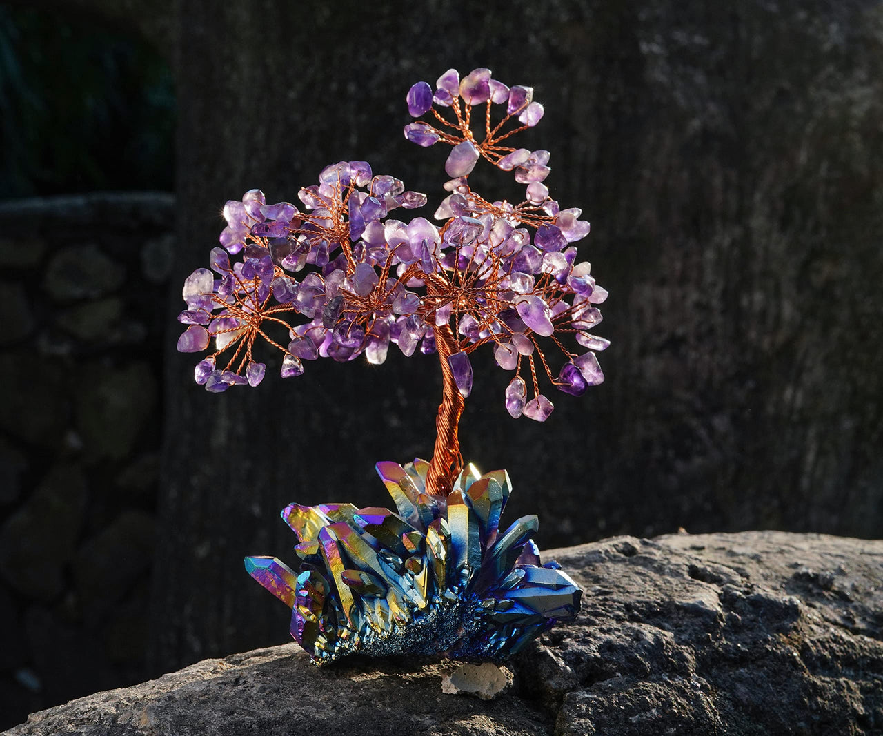 Amethyst Crystal Tree of Life - Rainbow Titanium Cluster Base, Handmade Gemstone Tree, Chakra Tree of Life, Artificial Tree, Crystal Decorations - Feng Shui Tree, Healing Crystals, Spiritual Gifts Amethyst Cluster