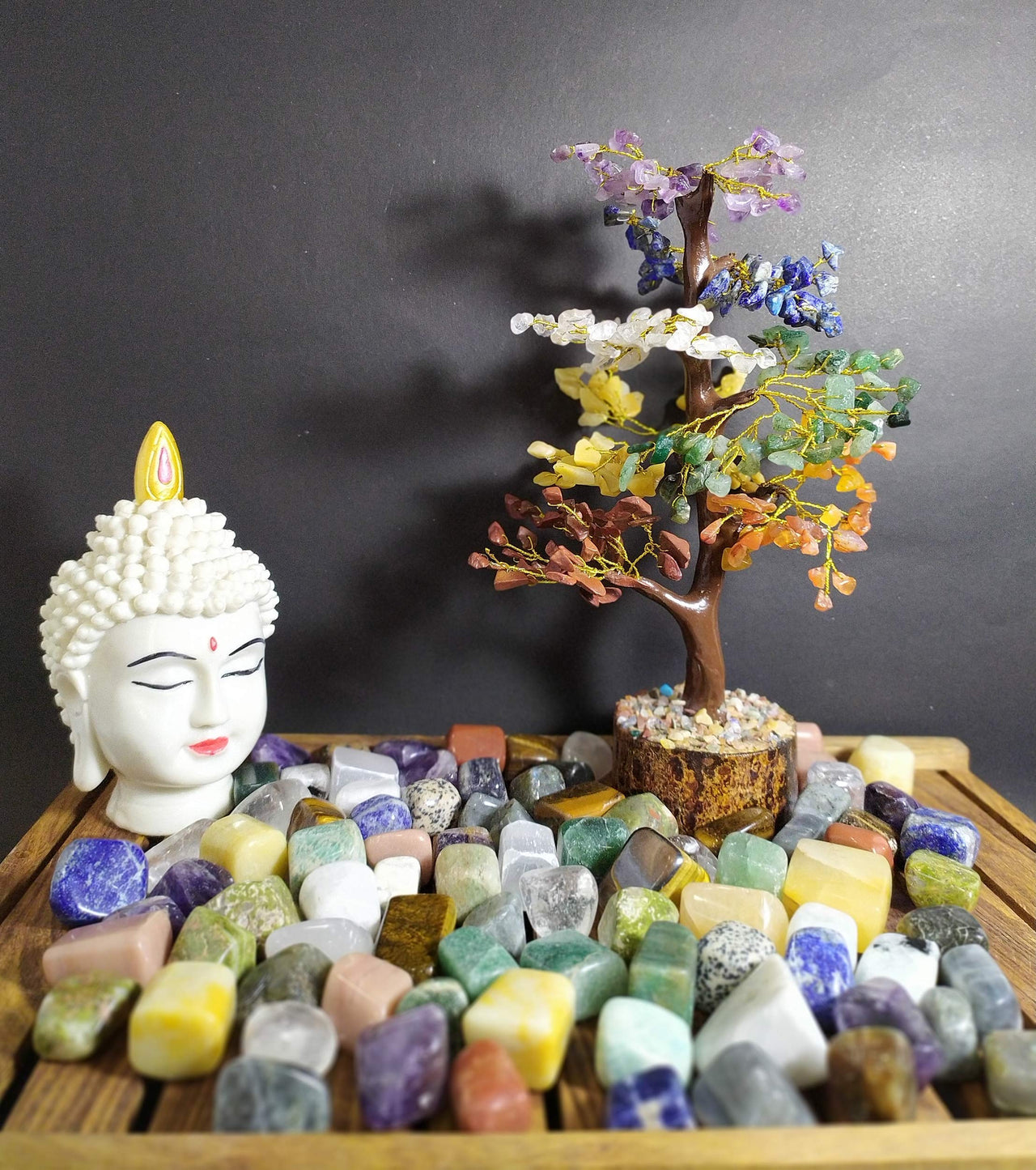 Seven Chakra Tree of Life, Crystal Tree for Positive Energy - Feng Shui Tree, Artificial Tree, Crystal Decoration, Money Tree, Handmade 7 Chakra Tree, Stone Tree, Healing Crystals, Spiritual Gifts 001 Seven Chakra (Golden Wire)