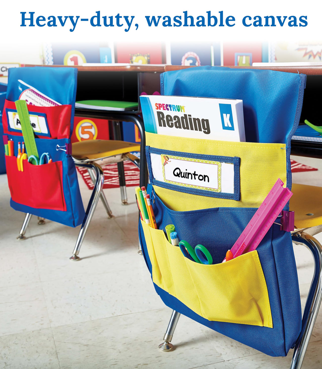 Carson Dellosa 15" W x 19" H Canvas Blue and Red Chairback Buddy Pocket Chart, Classroom Chair Organizer, Classroom Chair Storage with 6 Chair Pockets and One Student Name Tag, Seat Storage Organizer 1 pack Blue & Red
