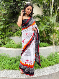 Shivanya Handicrafts Cotton Mulmul Saree for Women Attached Pom Pom Lace Red & Black 1