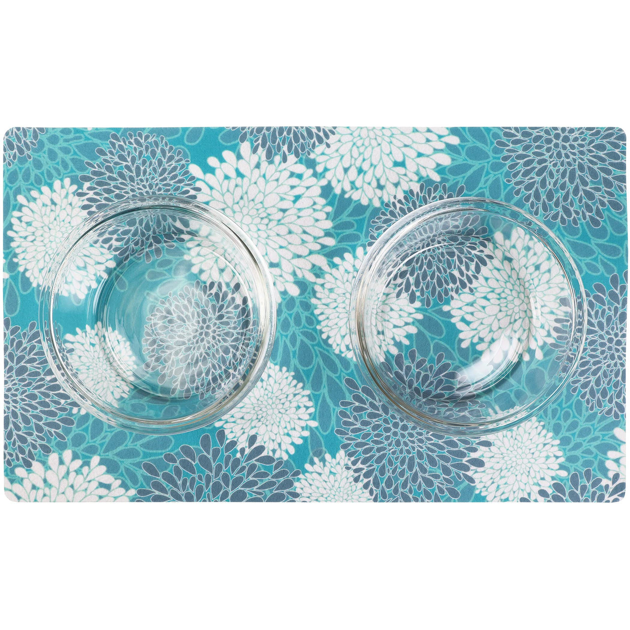 Drymate Pet Bowl Placemat, Dog & Cat Food Feeding Mat - Absorbent Fabric, Waterproof Backing, Slip-Resistant - Machine Washable/Durable (USA Made) (12” x 20”) (Indian Summer Turquoise & White 8) Small (12" x 20") Indian Summer Turquoise & White 8