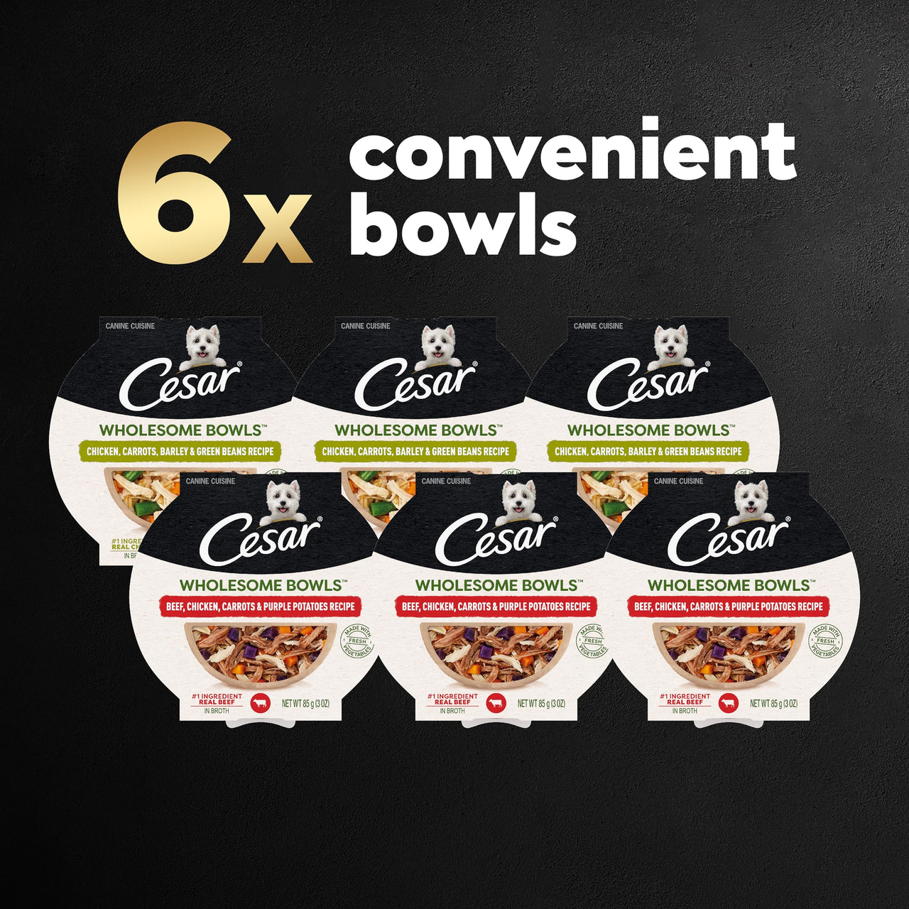 CESAR WHOLESOME BOWLS Adult Soft Wet Dog Food, Chicken, Carrots, Barley & Green Beans Recipe and Beef, Chicken, Purple Potatoes & Carrots Recipe Variety Pack, 3oz., Pack of 6