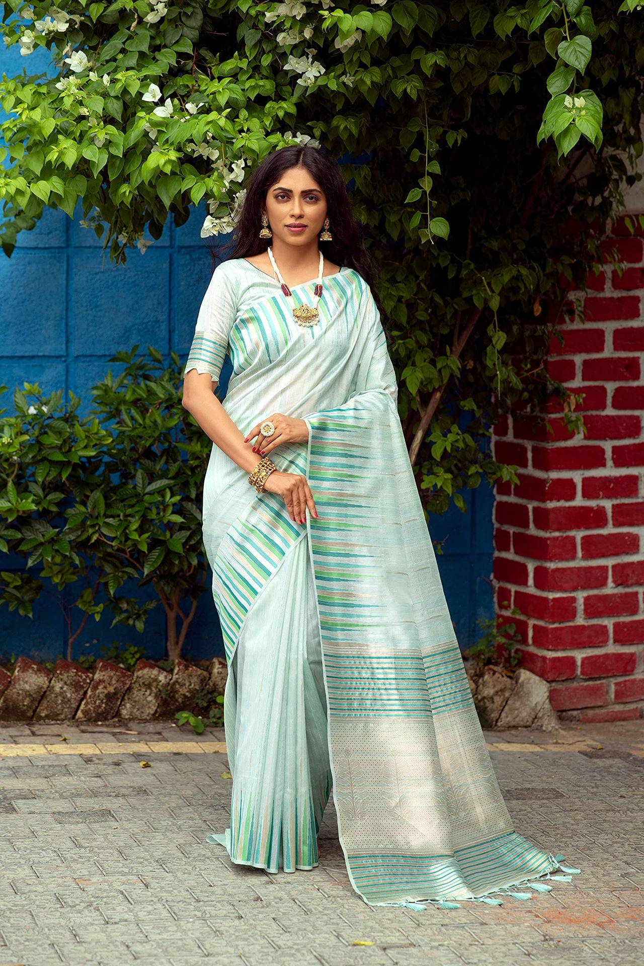 NK Textiles Women's  Ikat Woven Tussar Silk Saree with Tassels