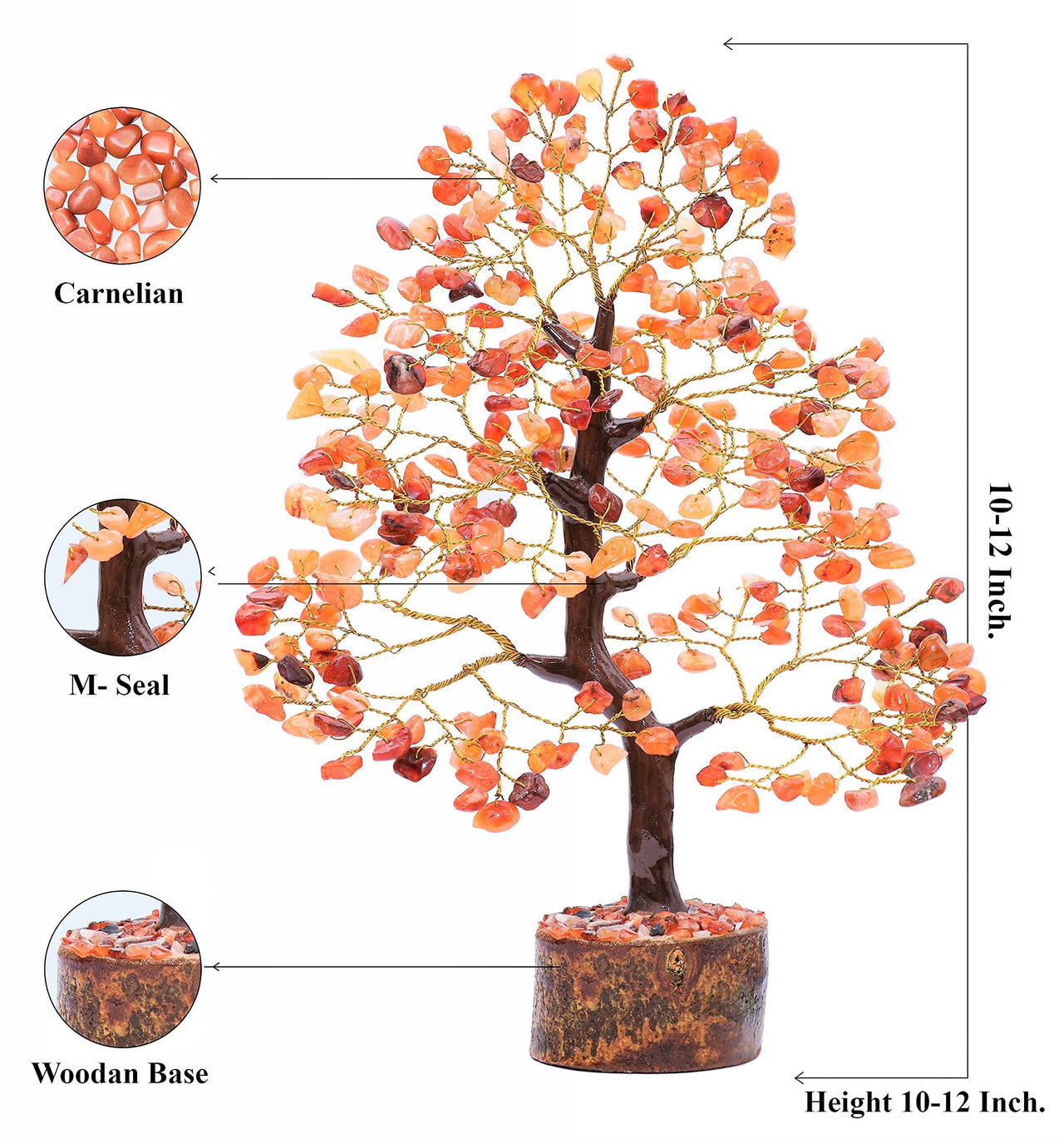 Carnelian Chakra Tree of Life - Crystal Tree for Positive Energy, Handmade Gemstone Tree - Feng Shui Decor, Good Luck Money Tree Bonsai - Orange Healing Crystals for Sacral Chakra, Prosperity Gift Carnelian (Golden Wire)