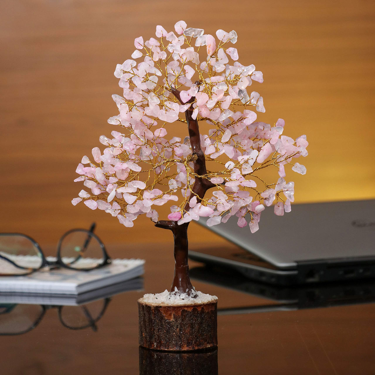 Rose Quartz Gemstone Tree - Crystal Tree for Positive Energy, Handmade Chakra Tree, Feng Shui Figurine - Money Bonsai, Good Luck Reiki Healing Crystals, Decoration Ornament Sculpture Prosperity Gift Rose Quartz (Golden Wire)
