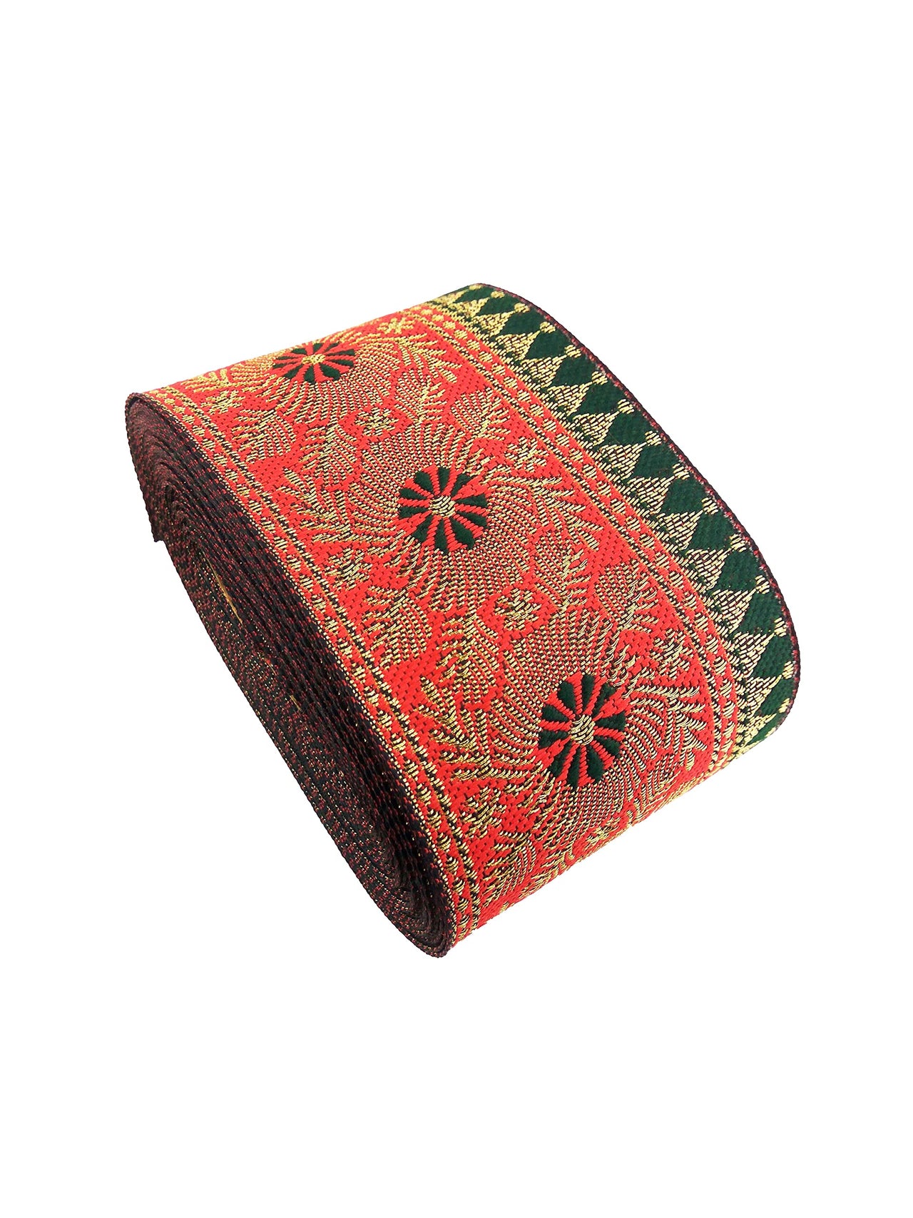 FRIJVEN Jacquard Woven Heavy Design Falls Lace Border for Saree, Kurti, Dress, Bandhani, Lehenga, Decorative Ribbon - 7 cm Width (9 Meter, Red + Green)