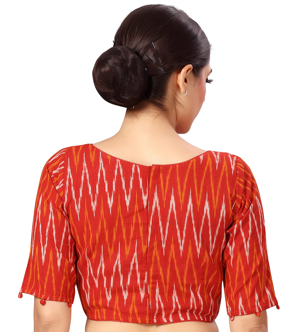 X3 Women's  Red Ikkat Pure Cotton Stitched Saree Blouse with Elbow Length Sleeves