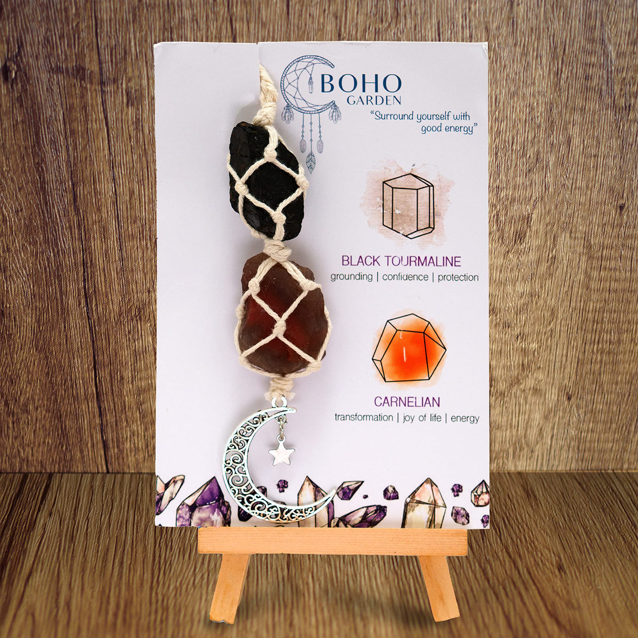 BOHO GARDEN Hanging Car Charm - Black Tourmaline & Carnelian - Dangling Moon, Healing Crystal Accessories, Rearview Mirror Decorations - Grounding, Confidence, Protection, Transformation, Joy, Energy Tourmaline-carnelian