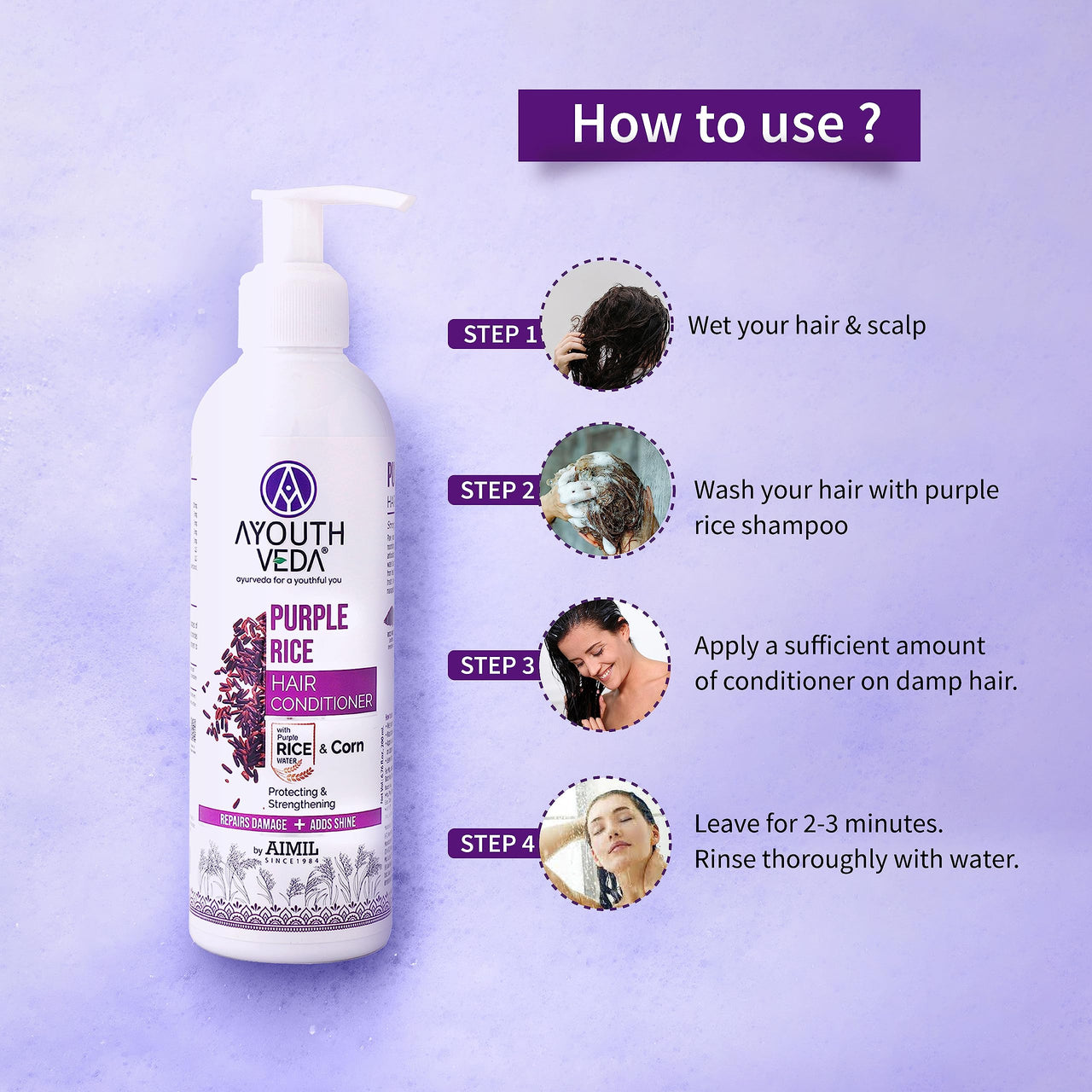 Ayouthveda Purple Rice Hair Conditioner with Rice Water & Kernel Protein | Repairs Damage, Controls Frizz & Enhances Volume | Enriched with Eggplant, Betel & Guava Leaves | For All Hair Types | 200ml