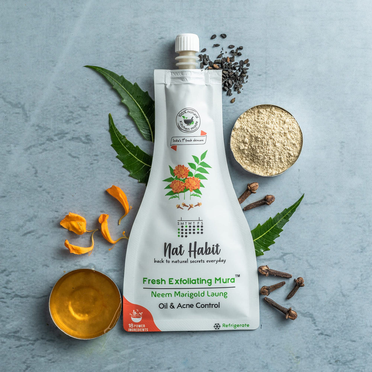 Nat Habit Face Scrub, Neem-Marigold-Laung Exfoliating Mura For Oil & Acne Control, With Neem Antimicrobial Qualities Provide Clean, Clear & Soft Skin (Pack of 2 x 25 gm)