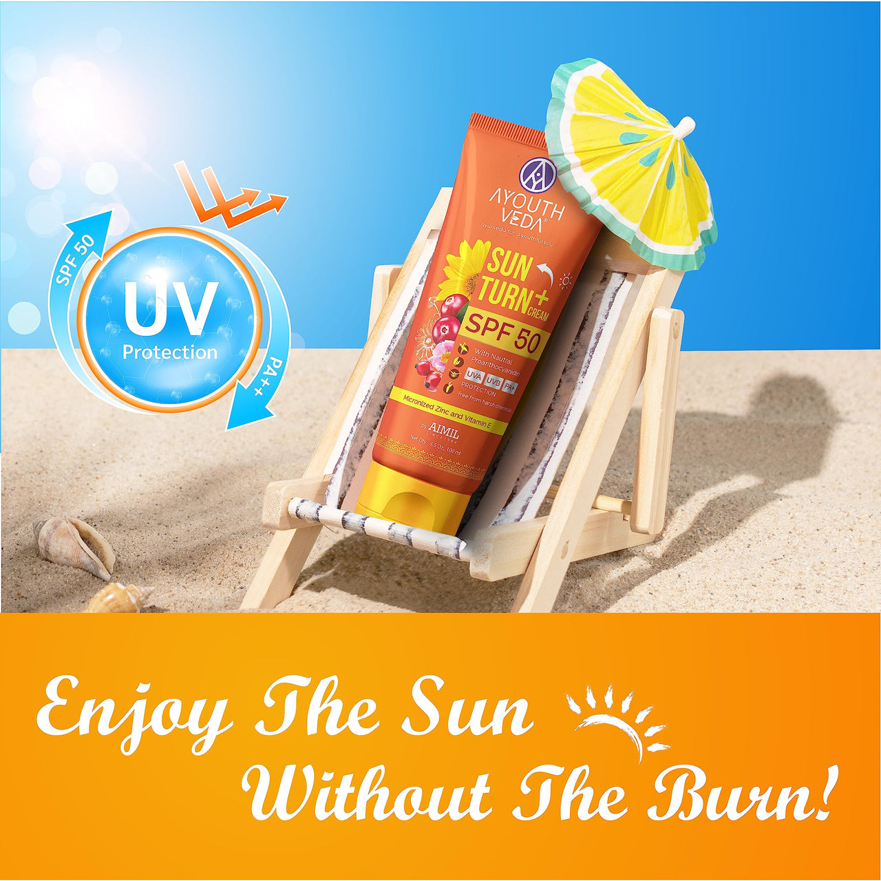 Ayouthveda Sun Turn + Cream SPF 50 With Micronized Zinc | PA++ | For UVA/UVB Sun Protection | Non-Greasy, Quick Absorbing | For All Skin Types | Enriched With Rosehip, Cranberry & Grape Seed Oil -60g