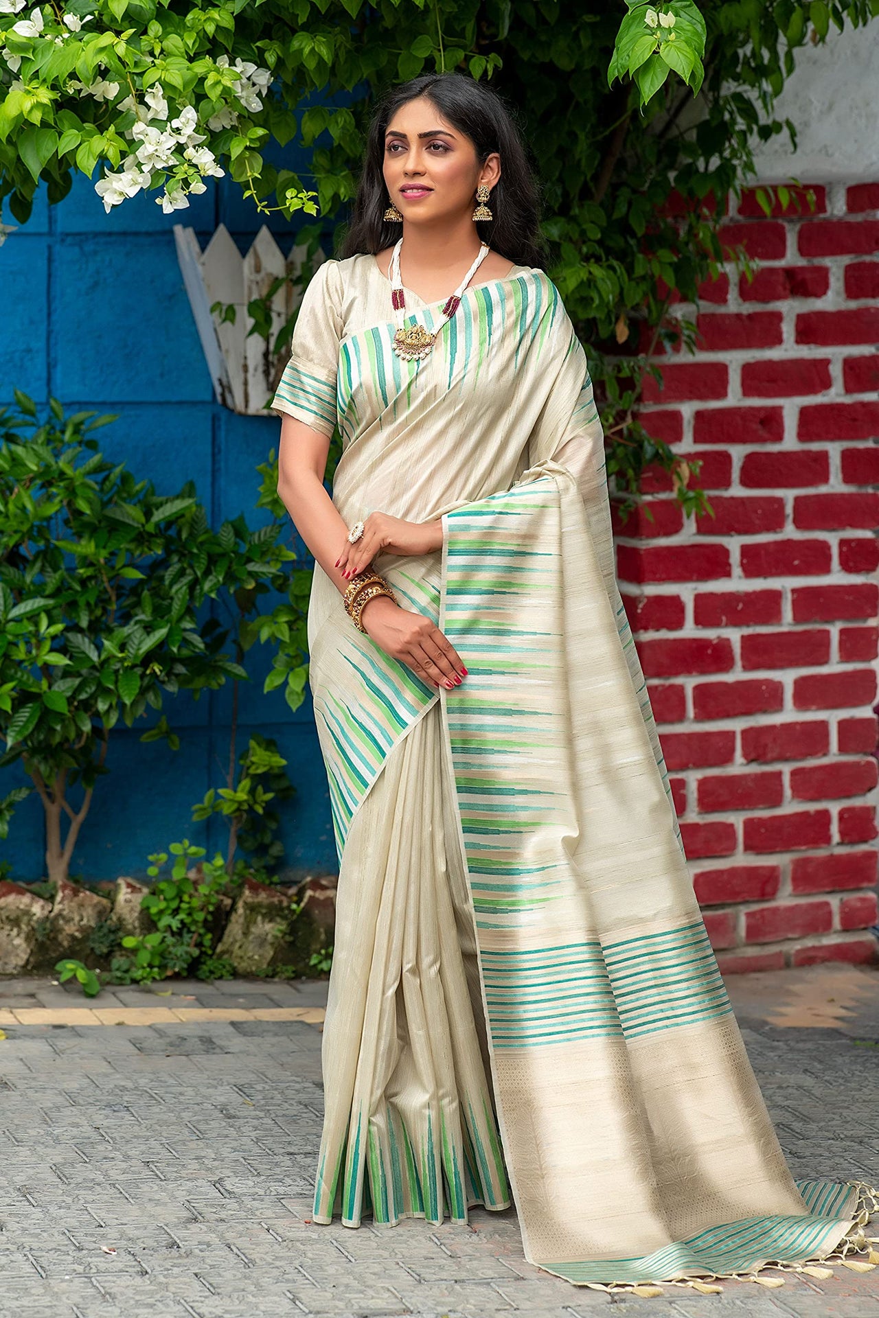 NK Textiles Women's  Ikat Woven Tussar Silk Saree with Tassels