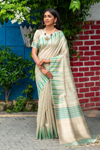 NK Textiles Women's  Ikat Woven Tussar Silk Saree with Tassels