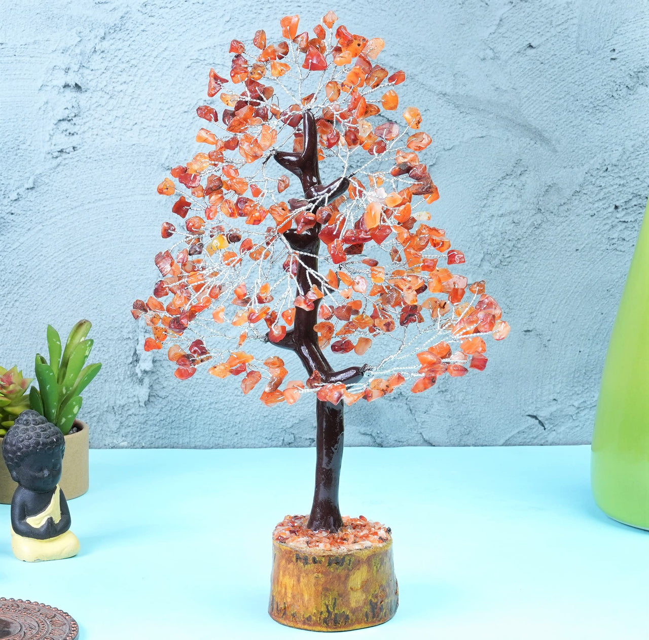 Carnelian Chakra Tree of Life - Crystal Tree for Positive Energy, Handmade Gemstone Tree - Feng Shui Decor, Good Luck Money Tree Bonsai - Orange Healing Crystals for Sacral Chakra, Prosperity Gift Carnelian (Silver Wire)