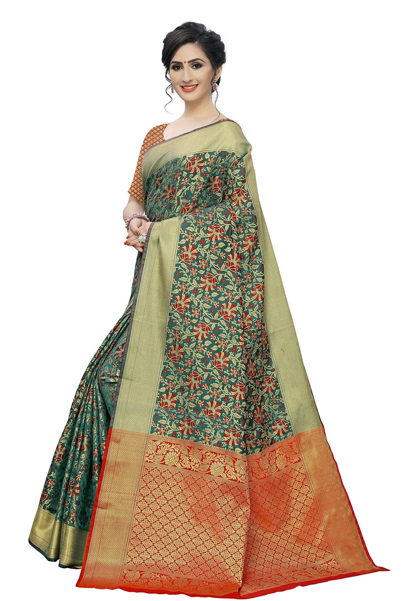 leeza store Heavy Women Kanjivaram Flower Jal Patola Saree With Blouse Piece