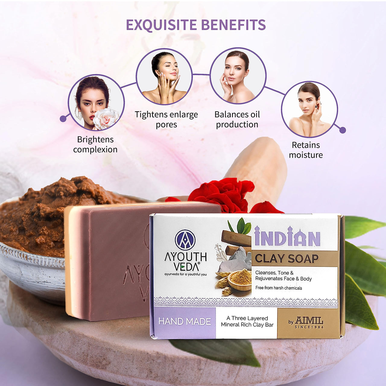 Ayouthveda Handmade Indian Clay Soap | Nourishes Protects & Hydrates Skin | A Three Layered Mineral Rich Clay Bar| Daily use Bar for Both Men & Women (Pack Of 2-110g each)