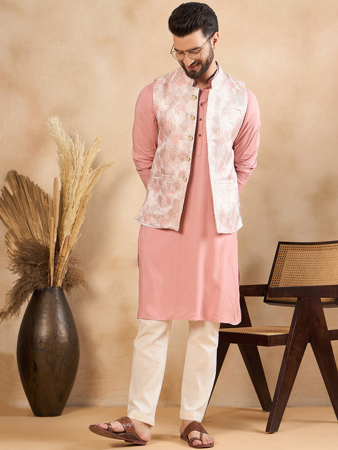 House of Pataudi Woven Design Nehru Jackets