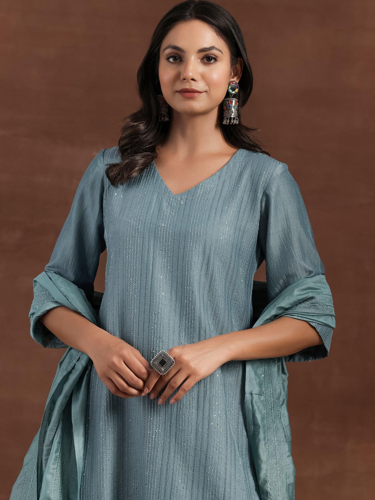 Grey Self Design Silk Blend Straight Suit with Dupatta