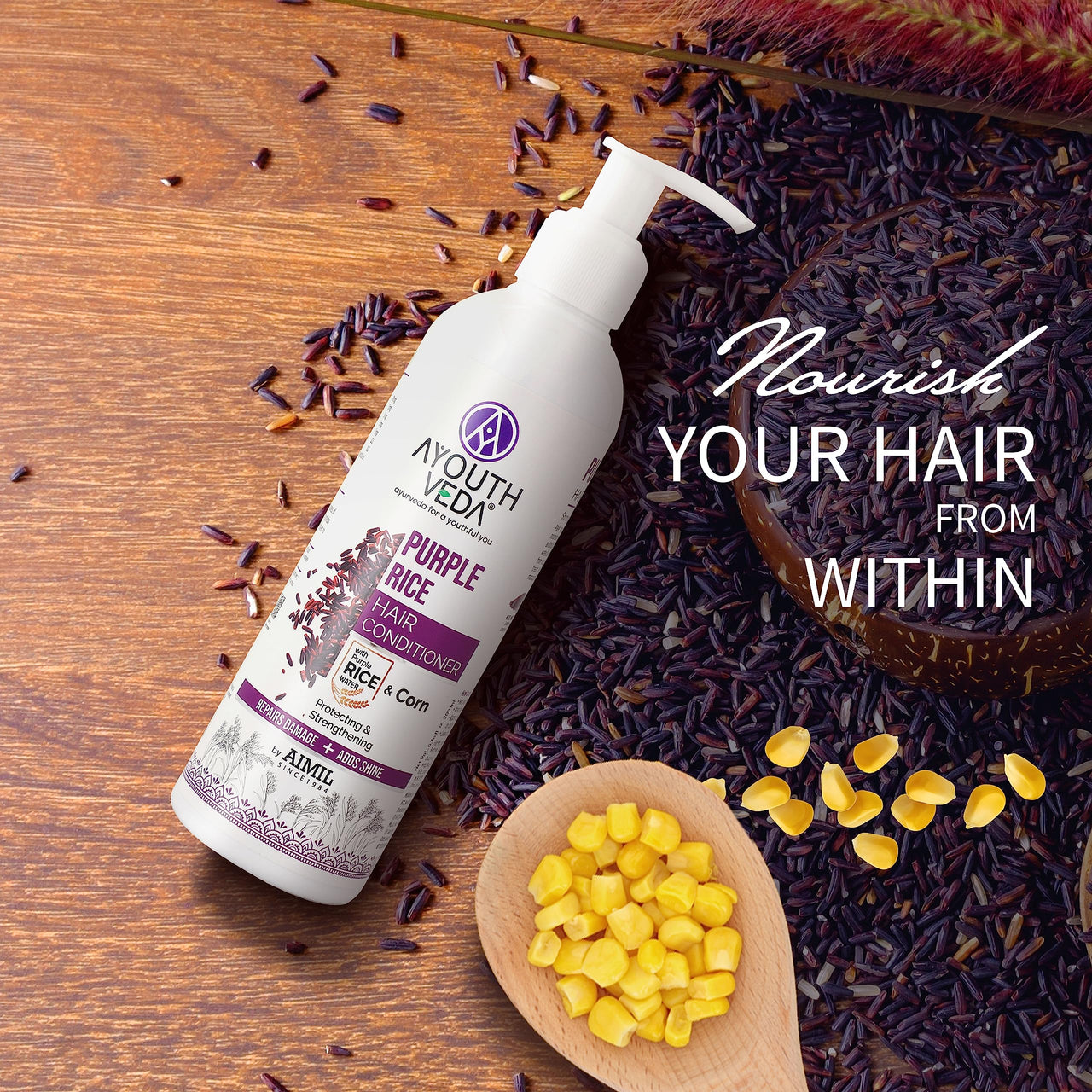 Ayouthveda Purple Rice Hair Conditioner with Rice Water & Kernel Protein | Repairs Damage, Controls Frizz & Enhances Volume | Enriched with Eggplant, Betel & Guava Leaves | For All Hair Types | 200ml