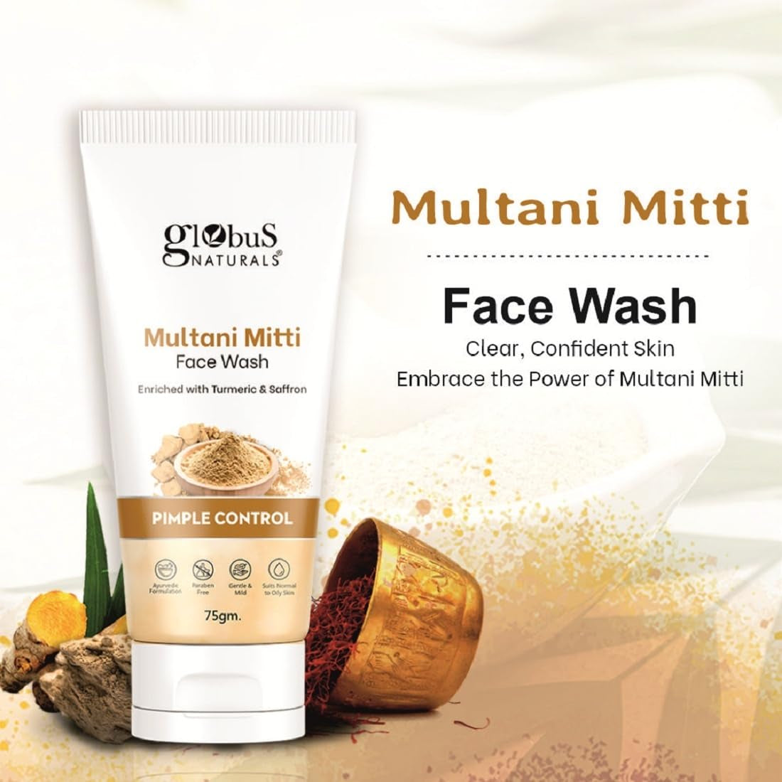Globus Naturals Multani Mitti Face Wash, Enriched With Turmeric & Saffron, For Pimple Control, Suitable For Oily & Acne Prone Skin, 75 gm