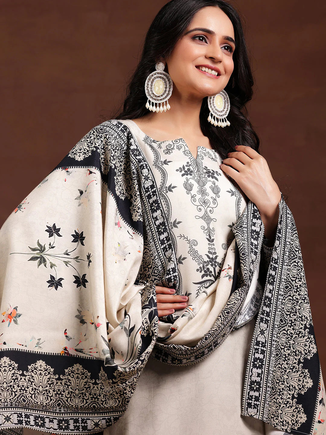 Monochrome Printed Silk Blend Straight Suit with Dupatta