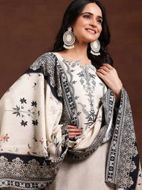Monochrome Printed Silk Blend Straight Suit with Dupatta