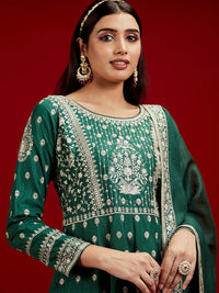 Libas Art Bottle Green Embroidered Silk A-Line Kurta with Trousers & Dupatta