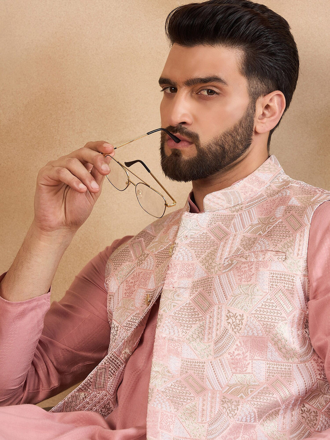 House of Pataudi Woven Design Nehru Jackets