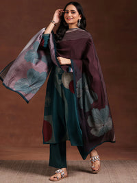 Teal Printed Silk Blend Straight Suit with Dupatta