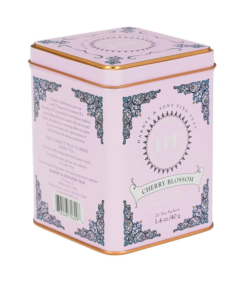 Harney & Sons Caffeinated Blossom Green Tea Tin Sachets Pink 31629, Cherry, 20 Count (Pack of 1)