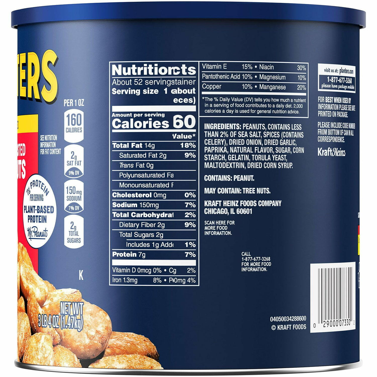 Planters Salted Dry Roasted Peanuts Canister, 52 oz.