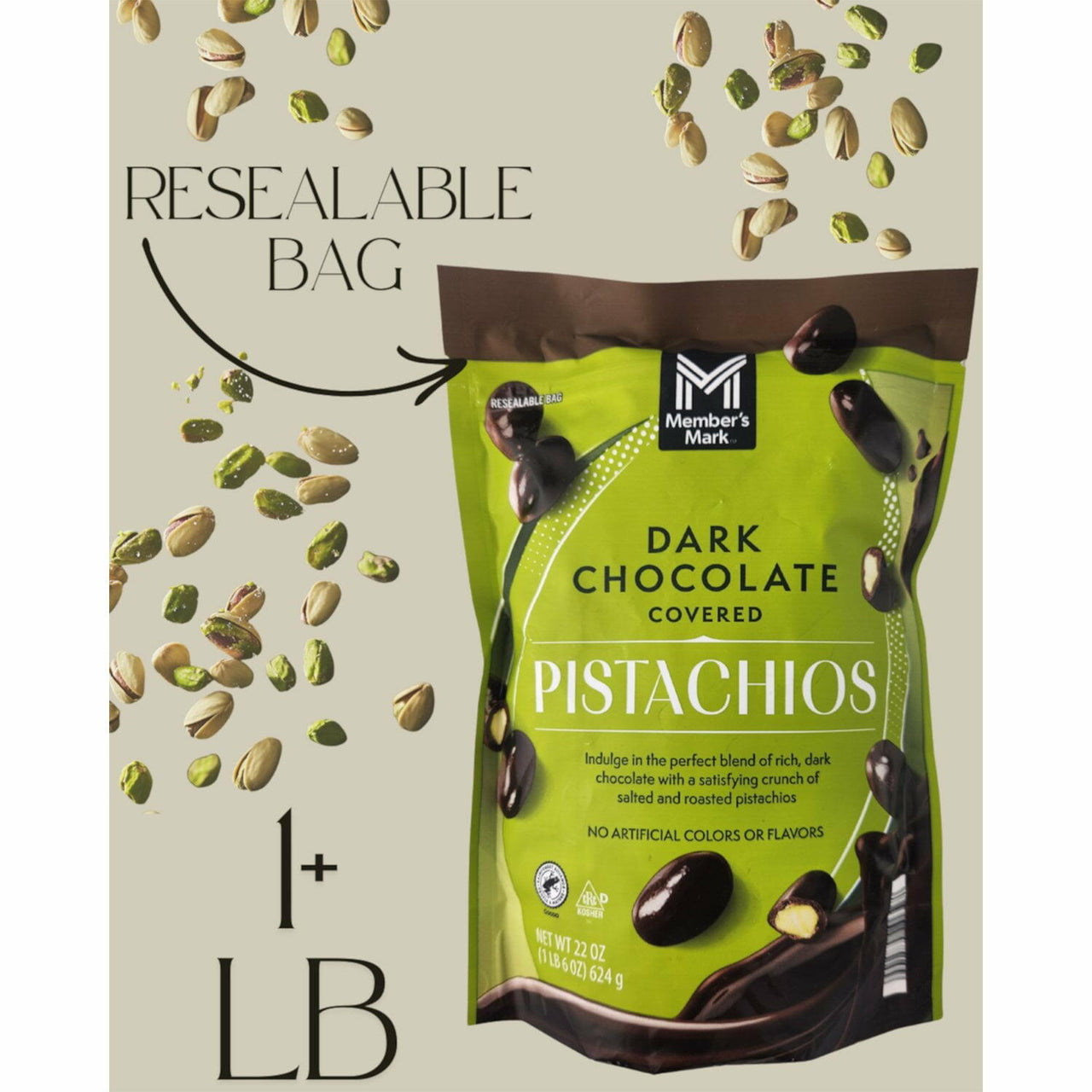 Members Mark Dark Chocolate Covered Roasted Pistachios, 22 oz.
