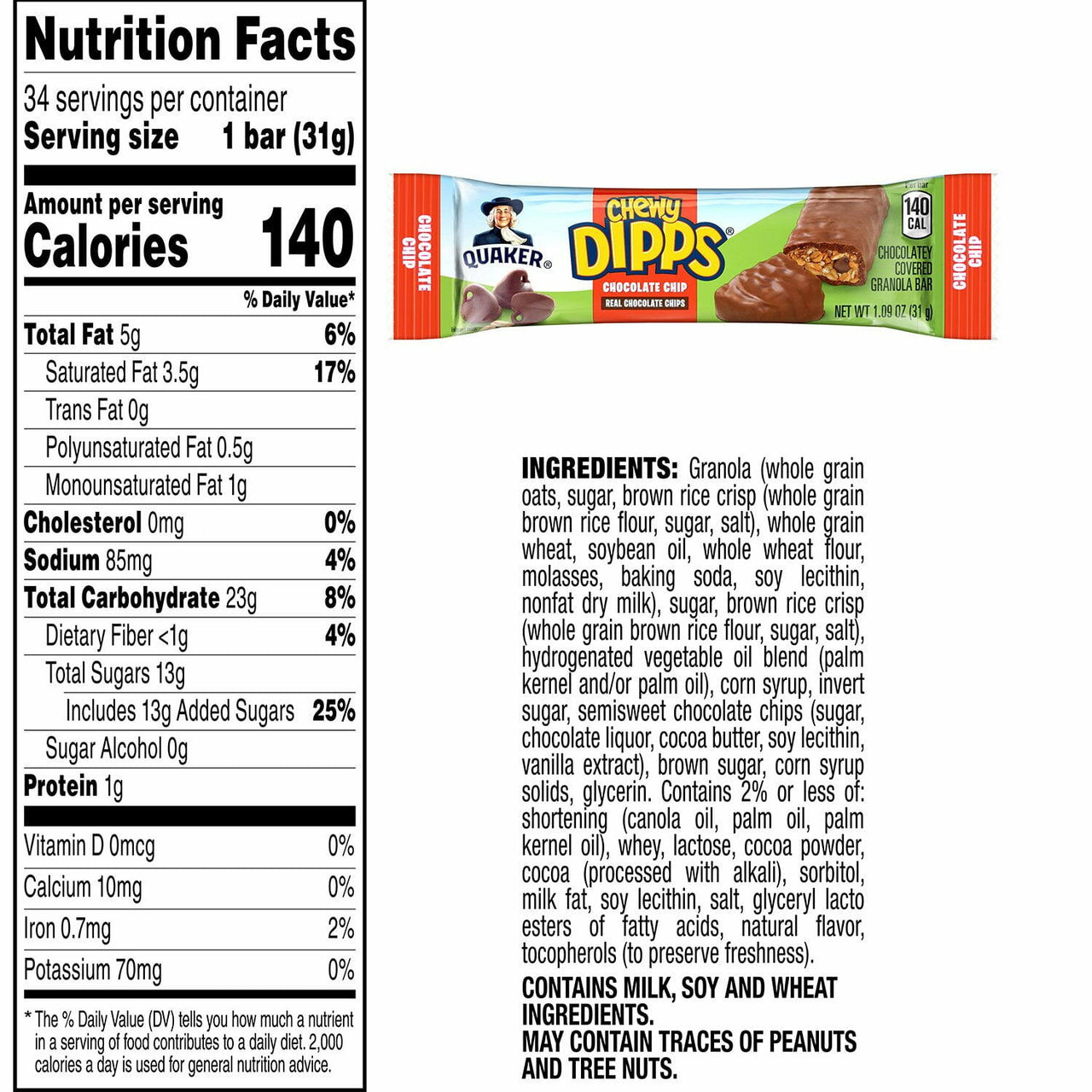 Quaker Chewy Dipps Granola Bars, Chocolate Chip, 34 pk.