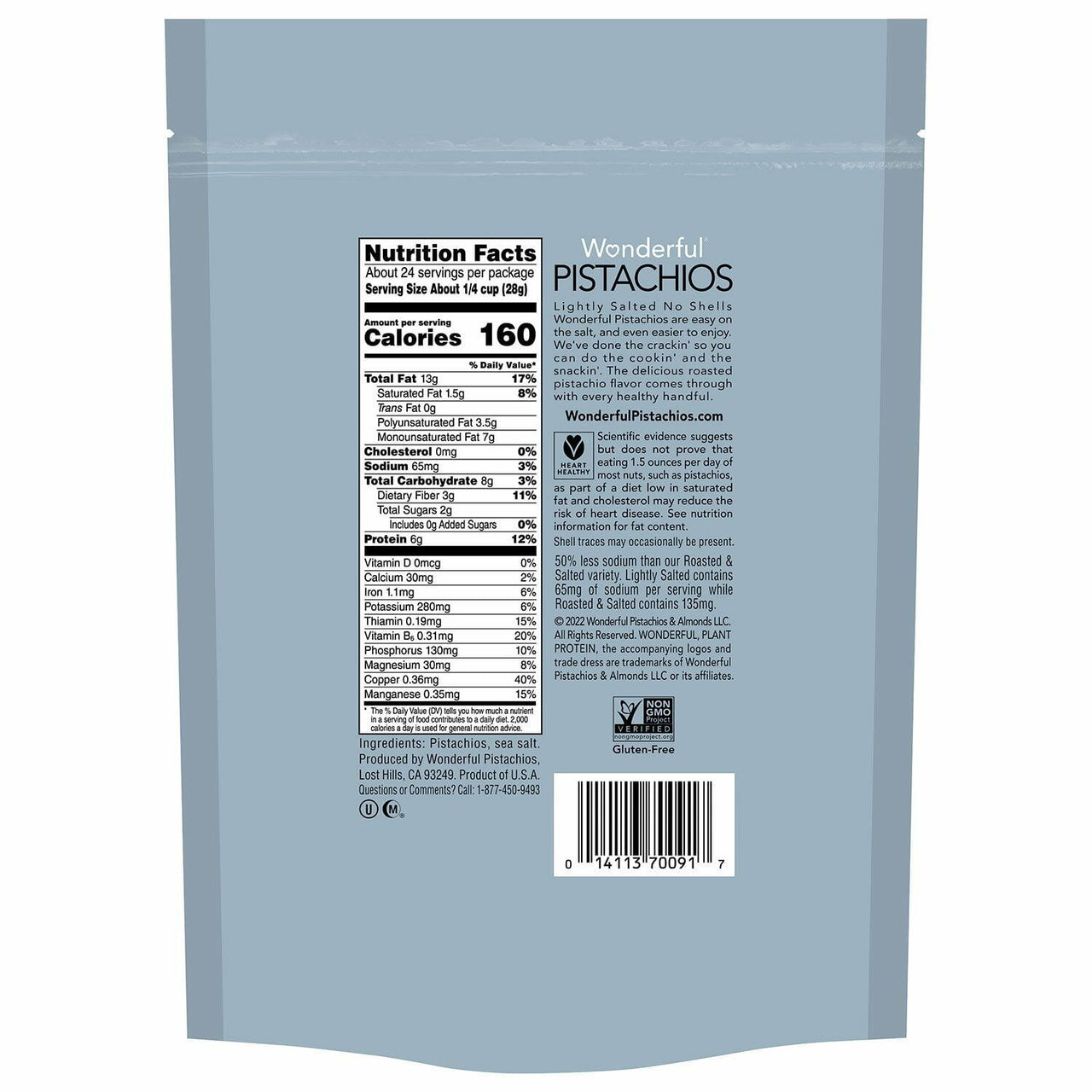 Wonderful Lightly Salted Pistachios, No Shells, 24 oz.