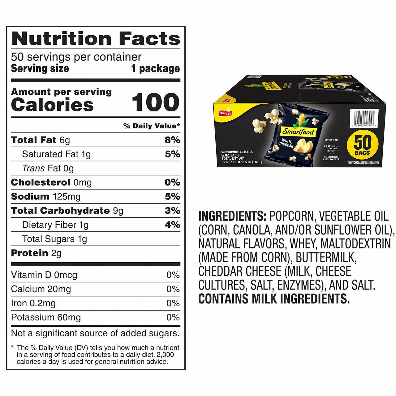 Smartfood White Cheddar Cheese Popcorn, 0.625 oz., 50 pk.