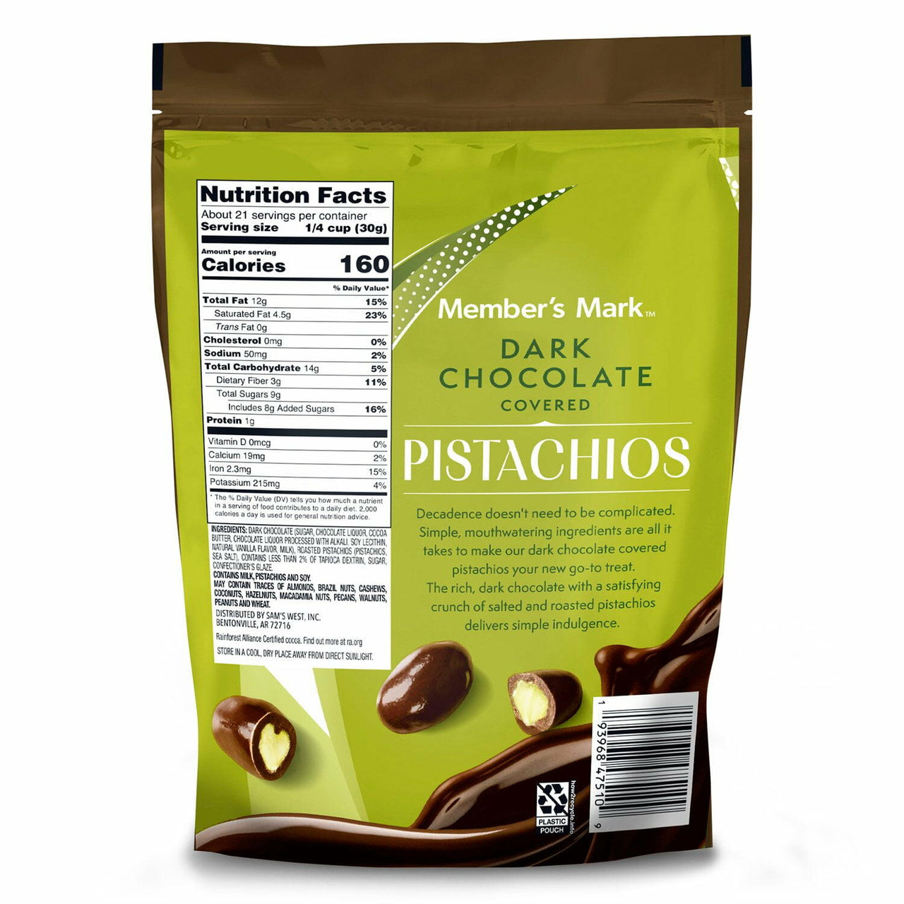 Members Mark Dark Chocolate Covered Roasted Pistachios, 22 oz.