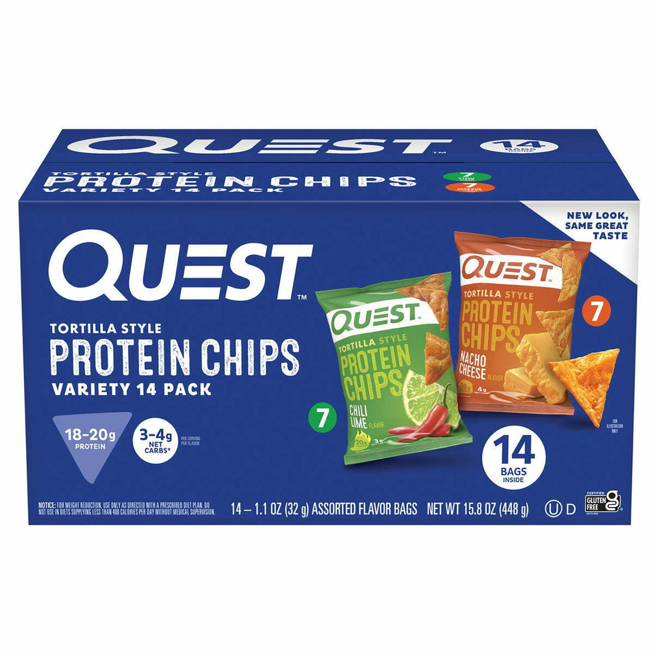 Quest Tortilla Style 18-20g Protein Chip Variety Pack, Chili Lime and Nacho Cheese 14 ct.