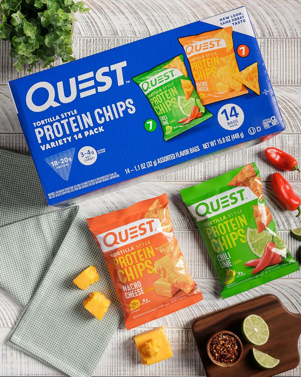 Quest Tortilla Style 18-20g Protein Chip Variety Pack, Chili Lime and Nacho Cheese 14 ct.