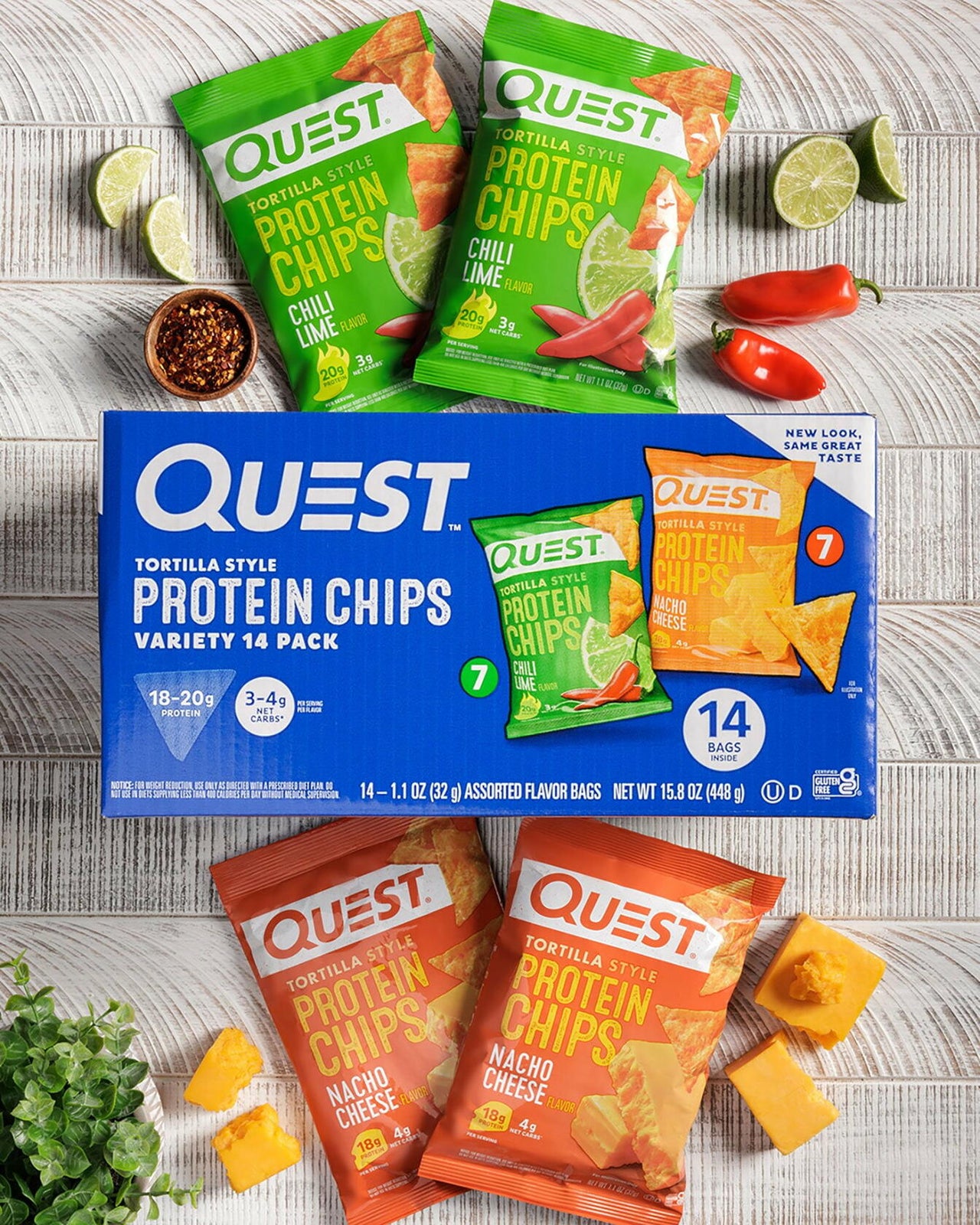 Quest Tortilla Style 18-20g Protein Chip Variety Pack, Chili Lime and Nacho Cheese 14 ct.