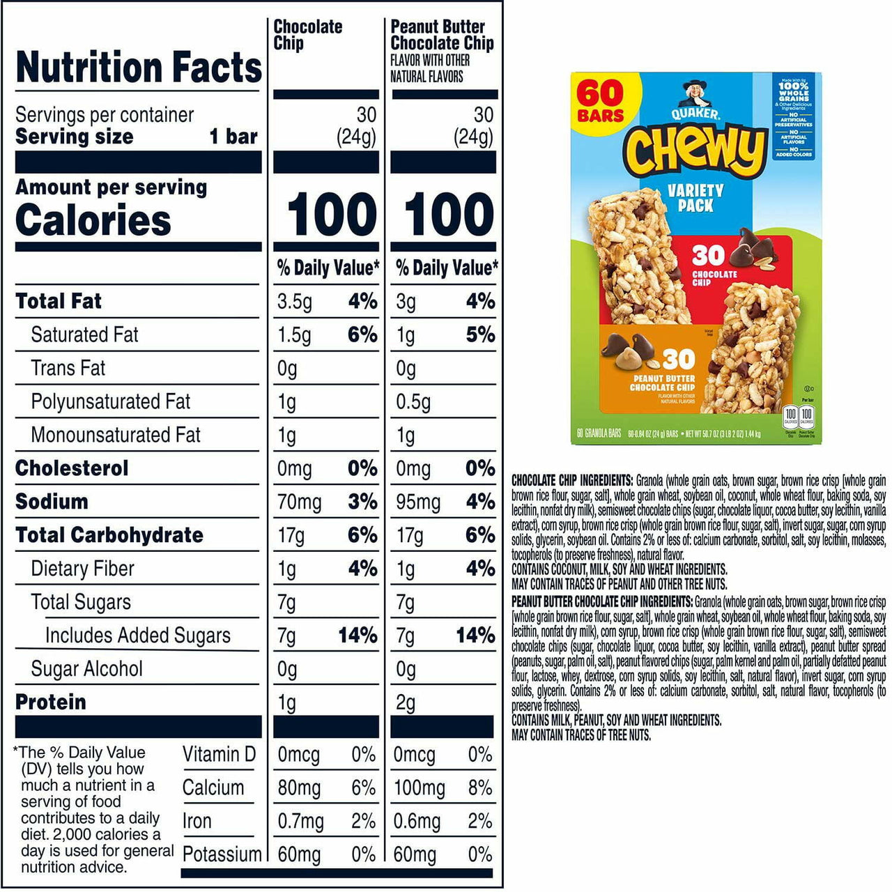 Quaker Chewy Granola Bar, Variety Pack, 60 ct.