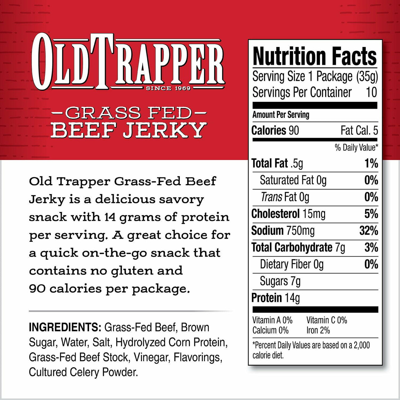Old Trapper Grass Fed Beef Jerky, 1.25 oz., 10 pk.