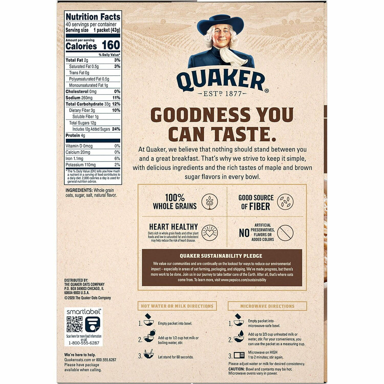 Quaker Instant Oatmeal, Maple Brown Sugar, 1.51 oz., 40 pk.
