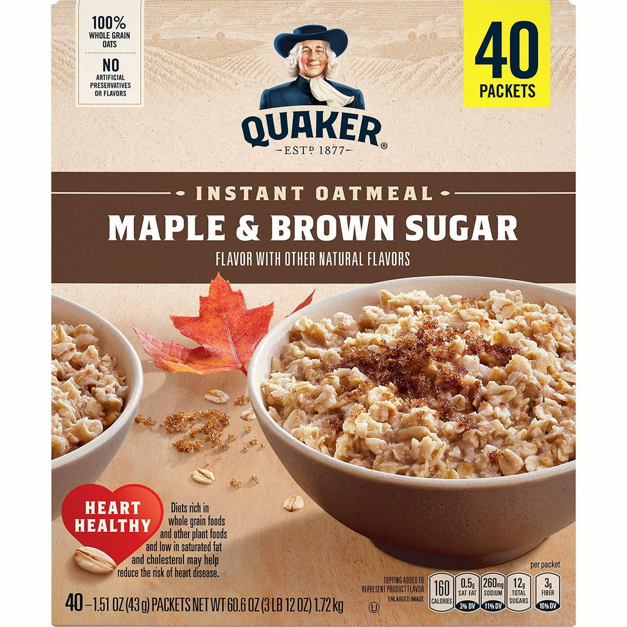 Quaker Instant Oatmeal, Maple Brown Sugar, 1.51 oz., 40 pk.