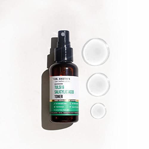 Dr. Sheth's Tulsi & 2% Salicylic Acid (BHA) Toner (Vegan) with 2% Niacinamide and Green Tea Extract, for Acne, Blackheads, Whiteheads, Clogged Pores (100ml)