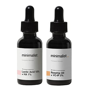 Minimalist De Tan Kit For Men & Women | Lactic Acid (AHA) Exfoliating Serum & Rosehip Oil + Vitamin C Glow Serum Combo