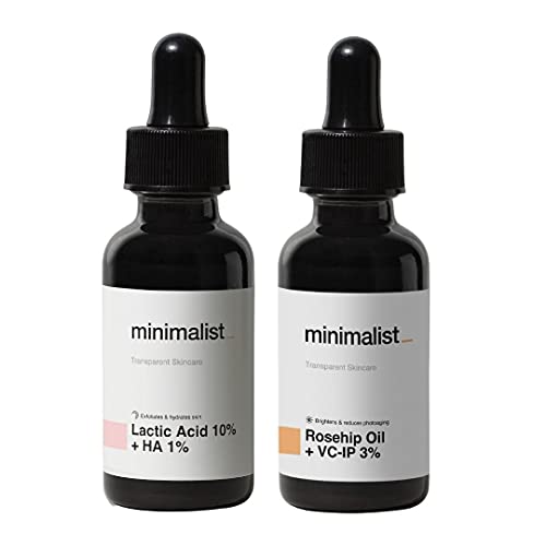 Minimalist De Tan Kit For Men & Women | Lactic Acid (AHA) Exfoliating Serum & Rosehip Oil + Vitamin C Glow Serum Combo