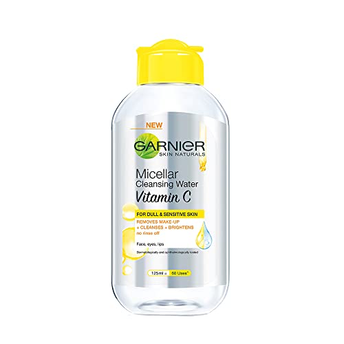 Garnier Micellar Water With Vitamin C, 125ml | Garnier Micellar Cleansing Water | One Swipe Makeup Remover | For Dull and Sensitive Skin | Removes Makeup + Brightens Skin