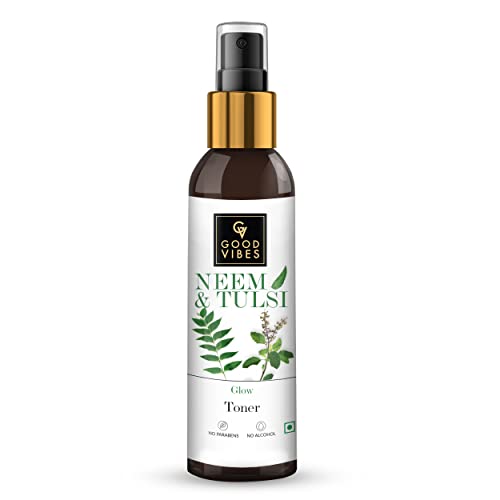 Good Vibes Neem & Tulsi Glow Toner 200 ml, Hydrating Light Weight Face Spray Toner for Acne Prone Skin, Suited for All Skin Types, Natural, No Alcohol, Parabens & Sulphates, No Animal Testing