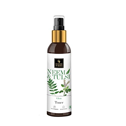 Good Vibes Neem & Tulsi Glow Toner 120 ml, Hydrating Light Weight Face Spray Toner for Acne Prone Skin, Suited for All Skin Types, Natural, No Alcohol, Parabens & Sulphates, No Animal Testing